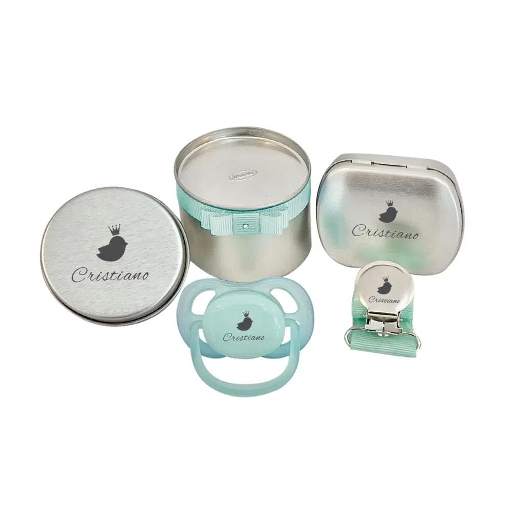 Kit Chupeta Avent Ultra Air Verde + Prendedor + Latinha Personalizada